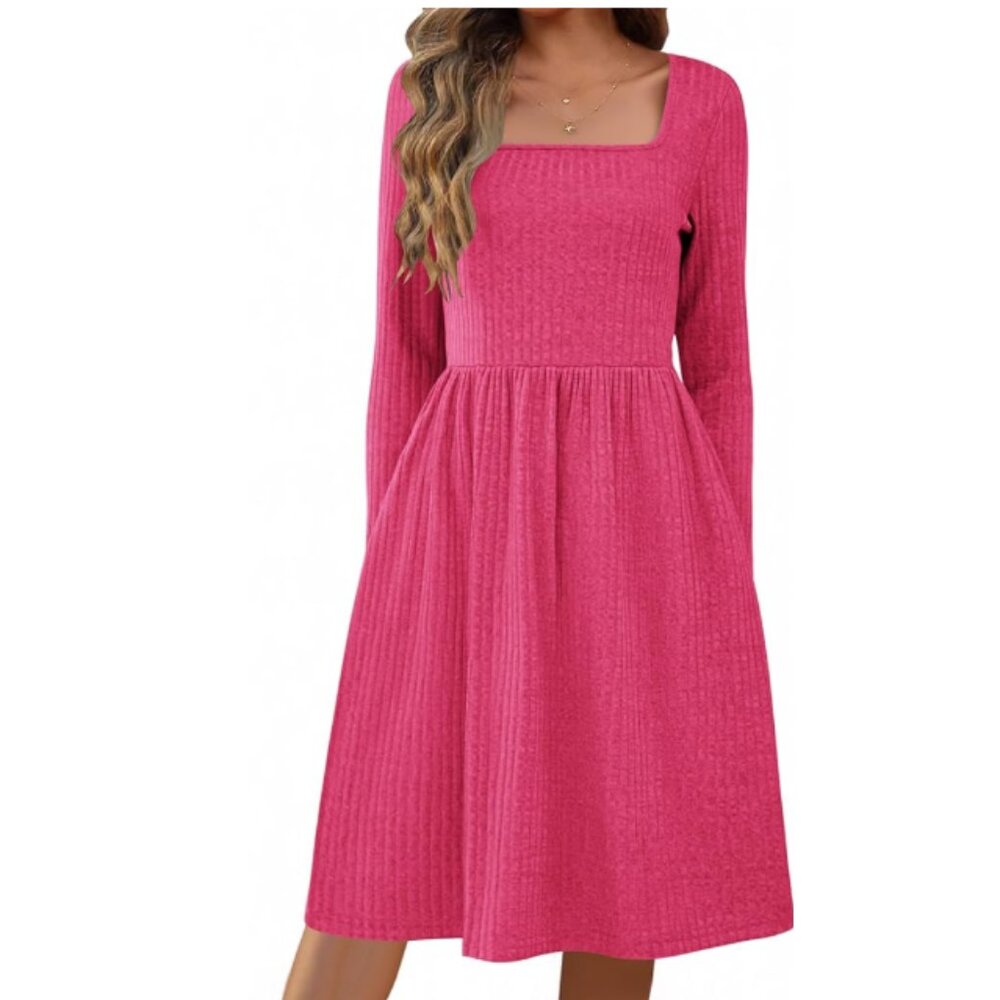 Zeagoo Casual Sweater Dress Square Neck Knit Long Sleeve Dress with Pockeks